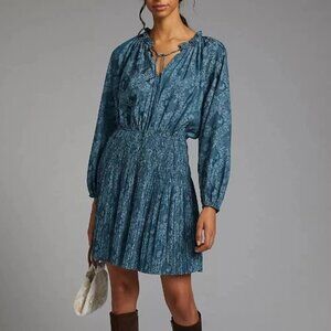 Anthropologie Current Air Pleated Mini Dress Women Small Slate Blue Peasant Boho